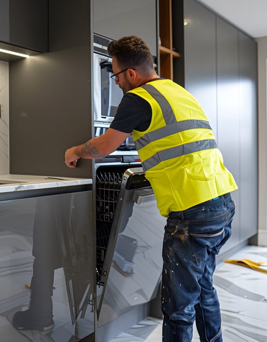 Kitchen fitter in hi-vis installing an integrated appliance