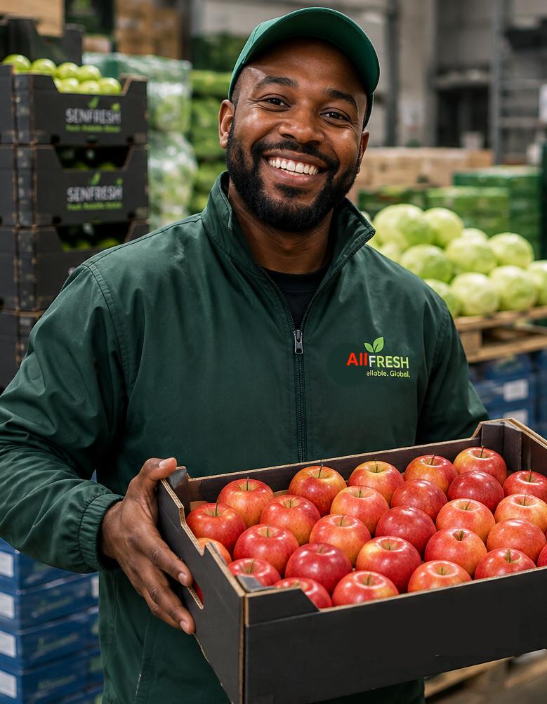 Wholesale worker smiling while holding a crate of fresh apples in a produce warehouse
