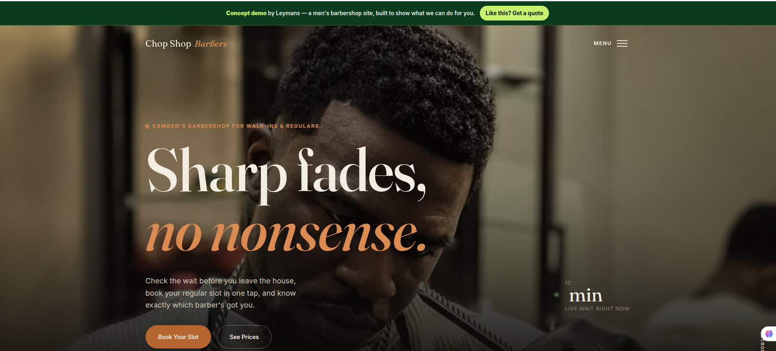 Rendered screenshot of The Chop Shop Barbers demo landing page