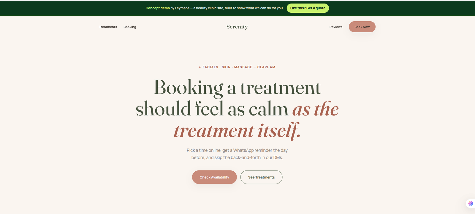 Rendered screenshot of Serenity Beauty Clinic demo landing page