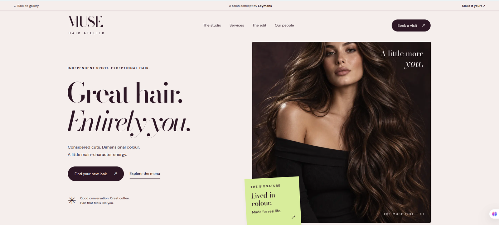 Rendered screenshot of MUSE Hair Atelier demo landing page