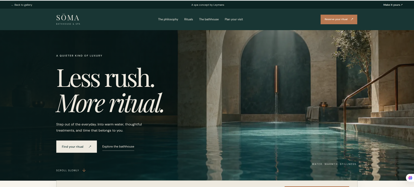 Rendered screenshot of SŌMA Bathhouse and Spa demo landing page