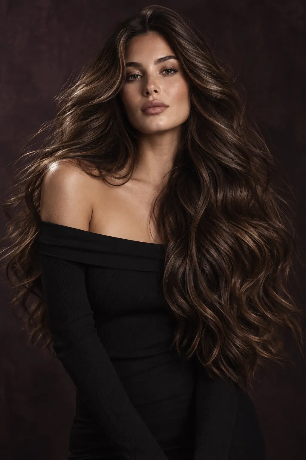 Rich brunette waves with soft movement, styled for the MUSE hair collection