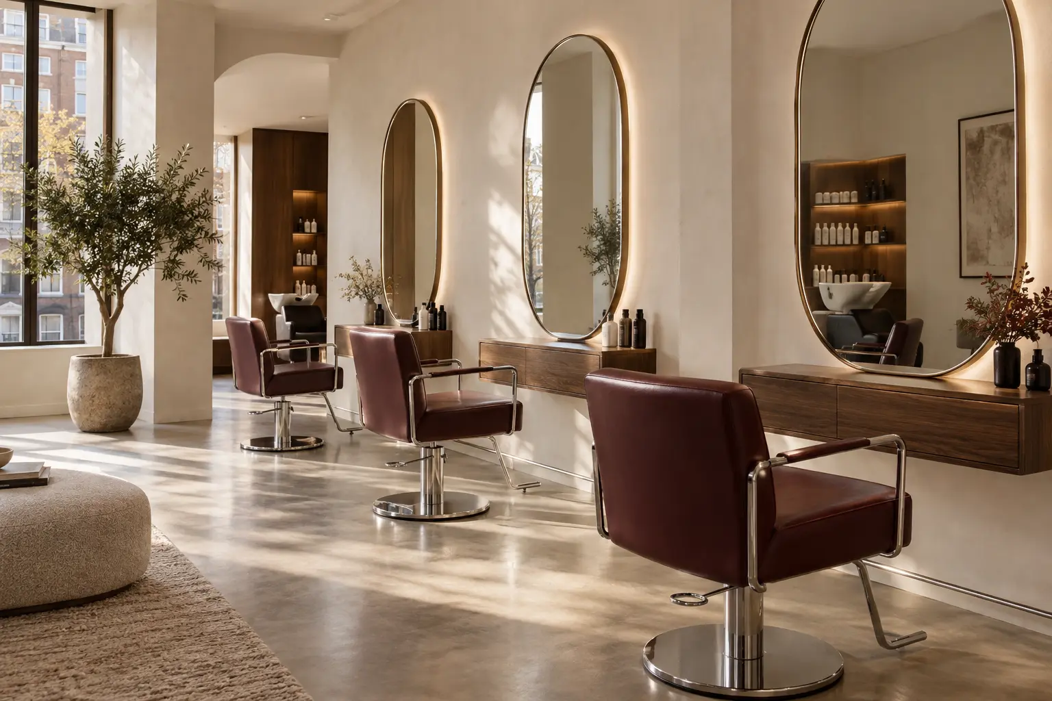 An airy contemporary salon with burgundy chairs, curved mirrors and warm natural light