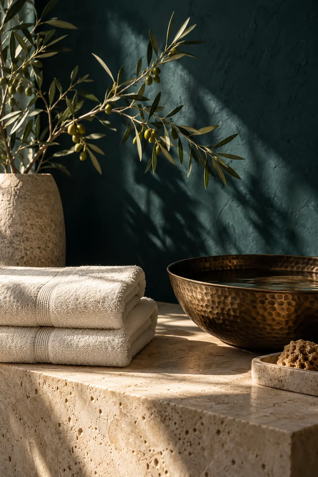 Folded ivory towels and a bronze water bowl in warm sunlight
