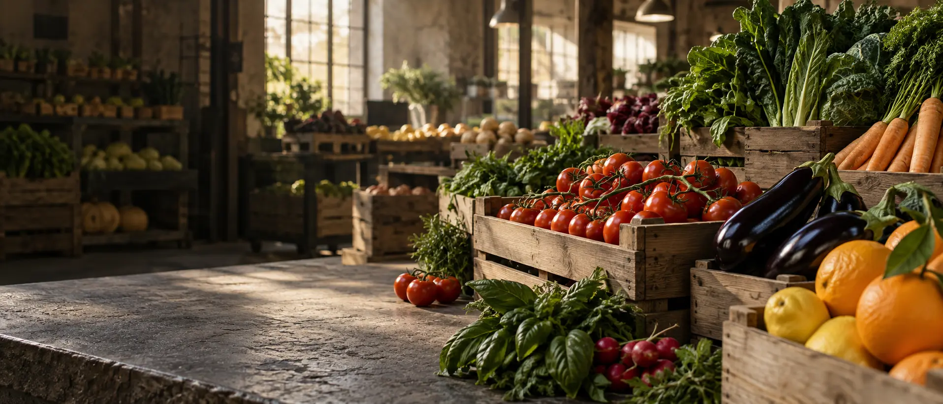 Fresh vegetables, fruit and herbs in wholesale market crates