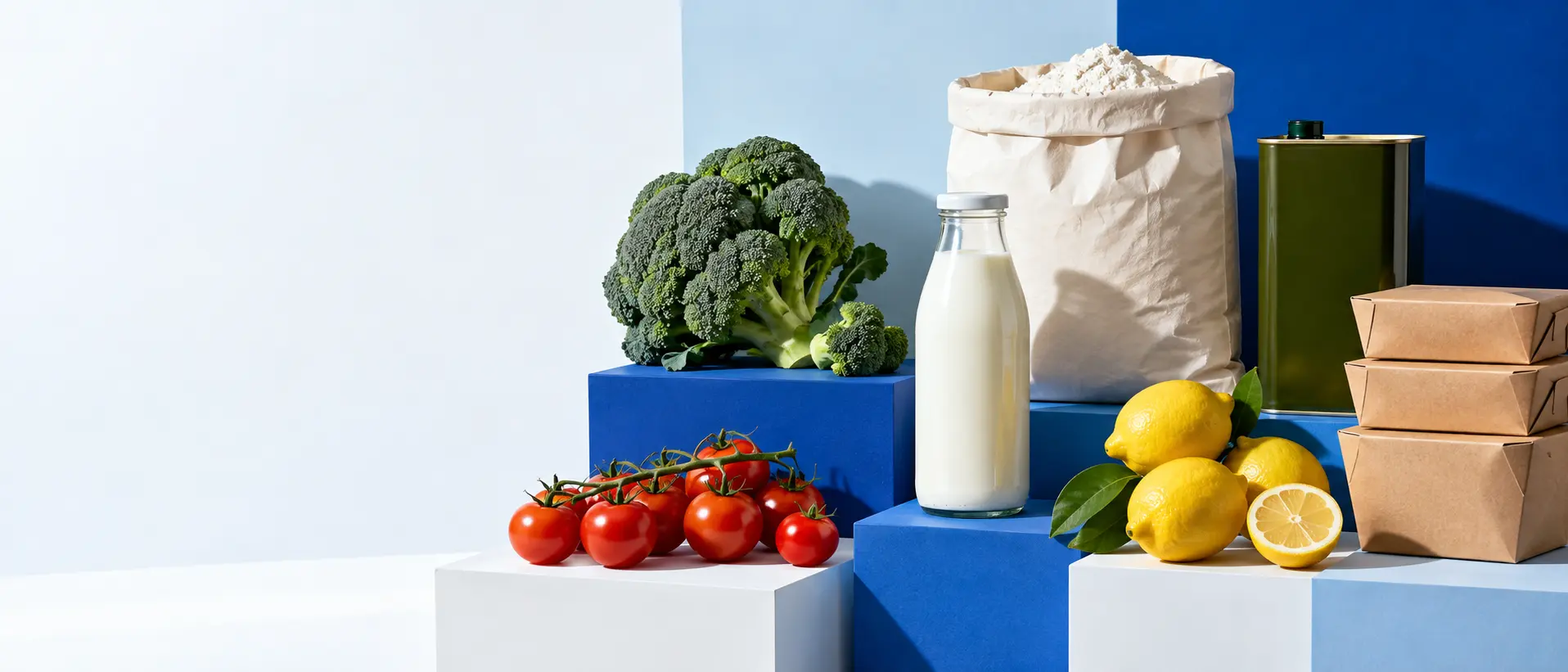 Food and everyday wholesale products on cobalt display plinths