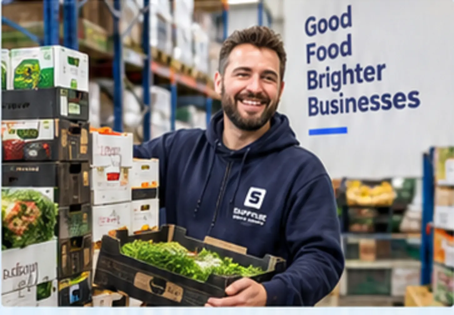 A smiling Supply House team member holding a crate of fresh produce
